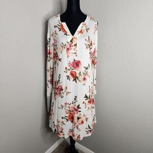 Magic Fit Dress Women M/L White Soft Stretch Floral Print Split-Neck Long Sleeve